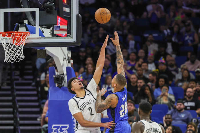 Orlando Magic guard Markelle Fultz (20) shoots the ball against Brooklyn Nets forward Cameron Johnson (2)